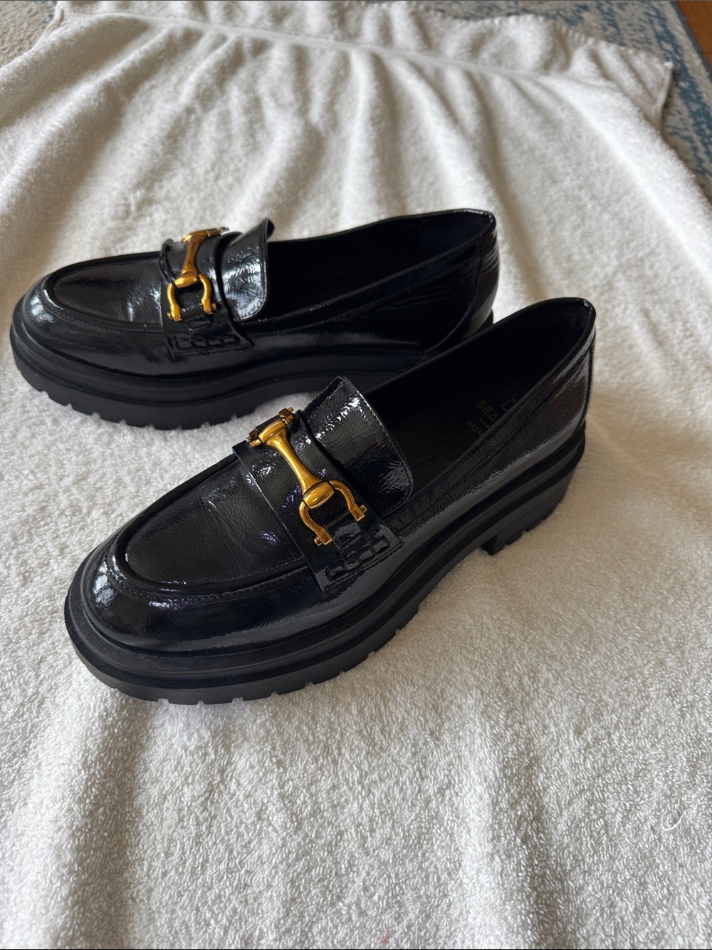 Women’s Black Patent Platform Loafers with Gold Bit Accent